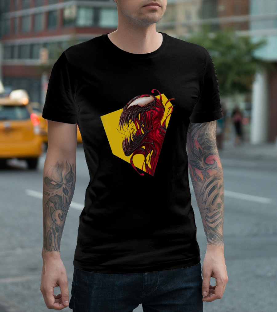 Carnage Symbiote Villain Red Black Yellow Geometric Background T-Shirt