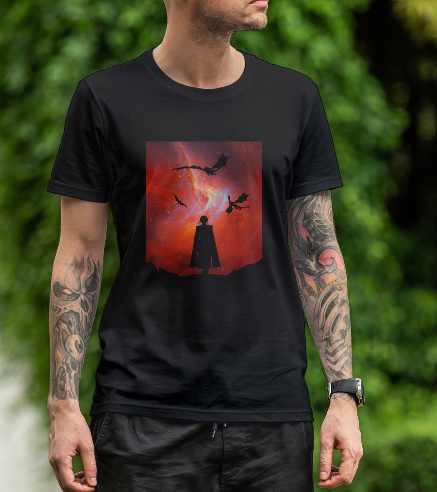 Daenerys Silhouette With Dragons Against A Cosmic Red Galaxy T-Shirt