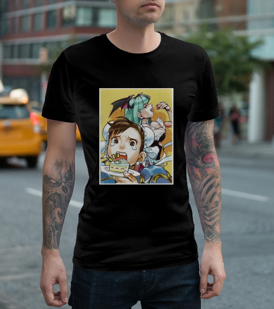 Dessert Fighters Chun-Li and Morrigan Comic Art Eating Cake T-Shirt