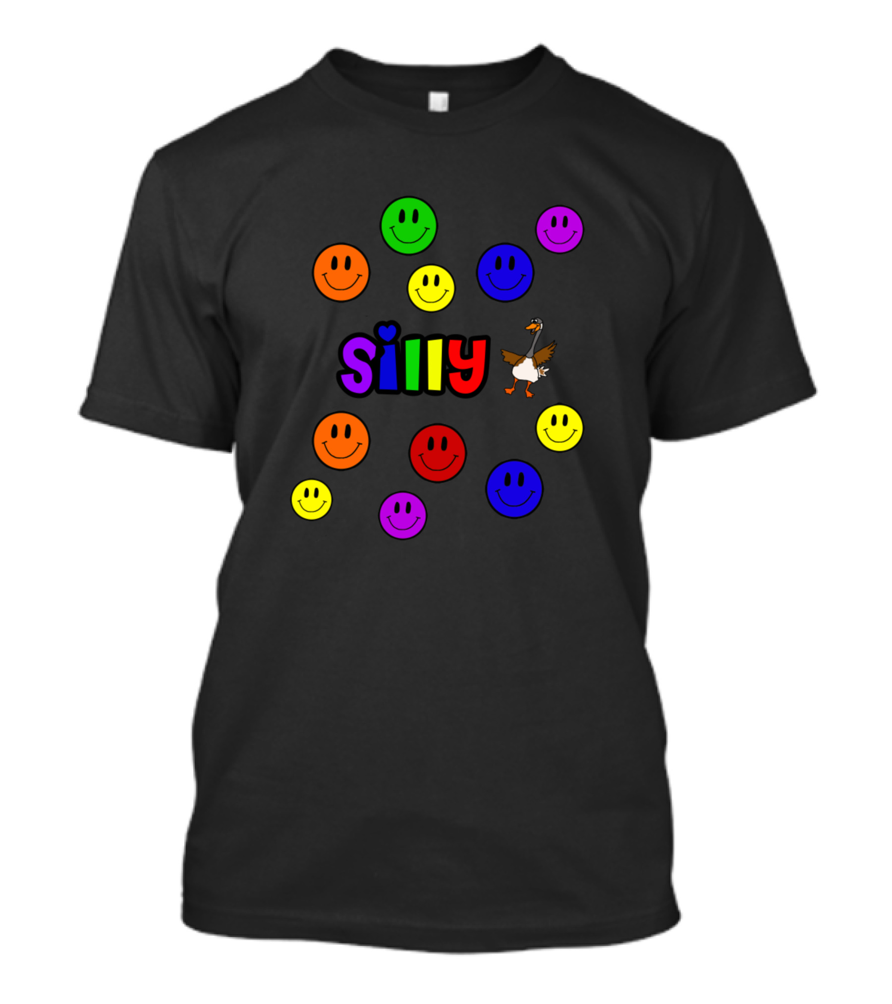 Silly Goose Rainbow Letters And Smiley Faces In Bright Colorful T-Shirt