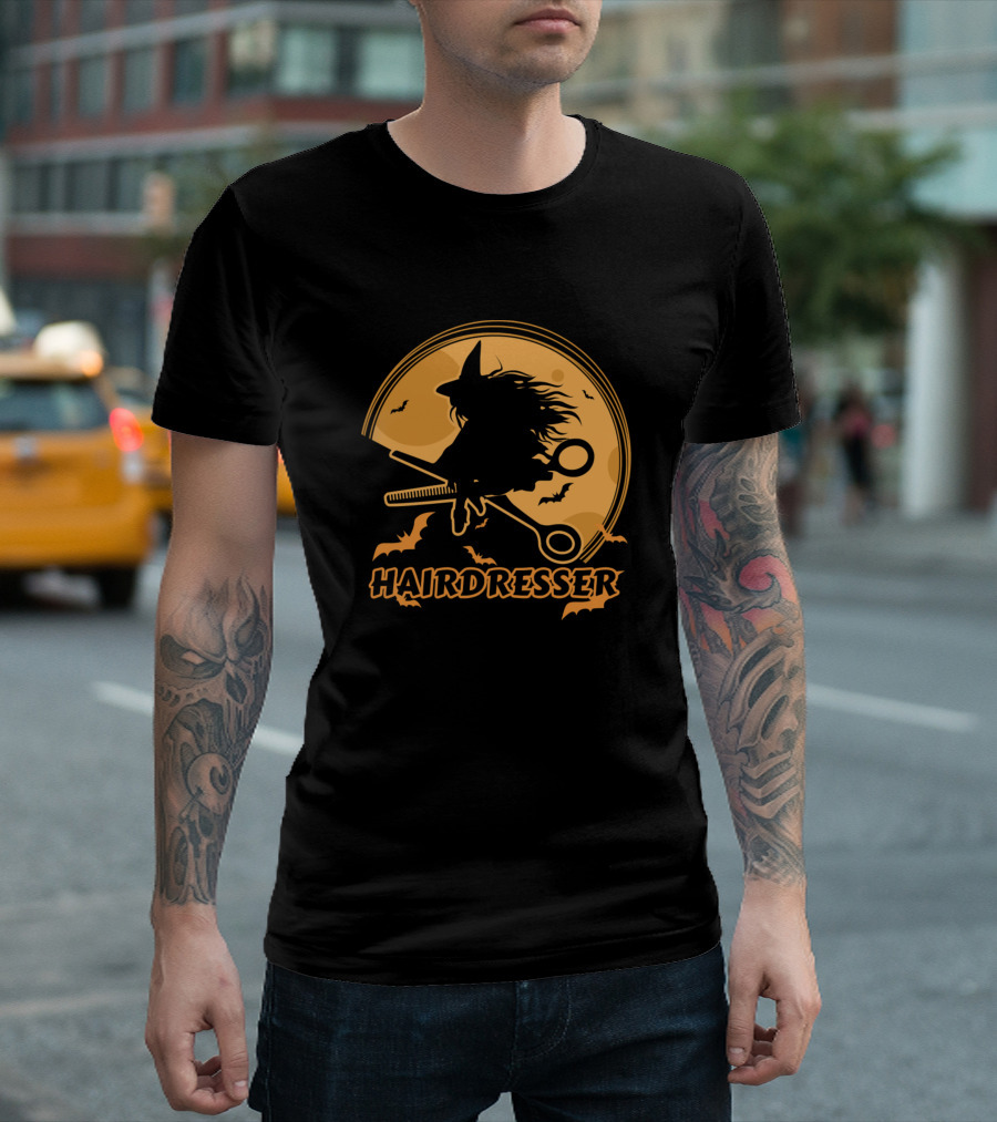 Hairdresser Witch Halloween Barber Stylist with Scissors and Bats T-Shirt