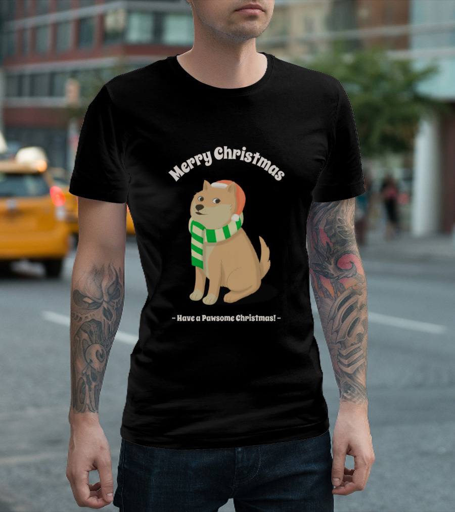Merry Christmas Have A Pawsome Christmas Dog Wearing Santa Hat And Scarf T-Shirt