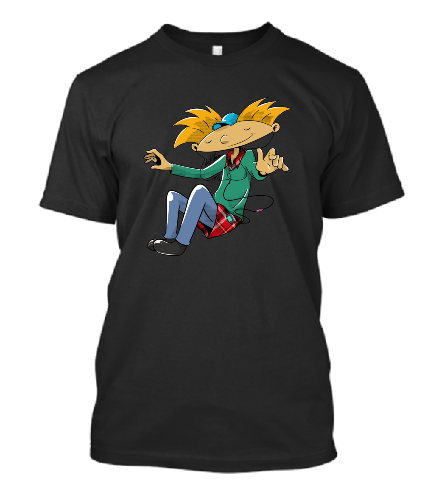 Hey Arnold Listening To Music With Headphones And Plaid T-Shirt