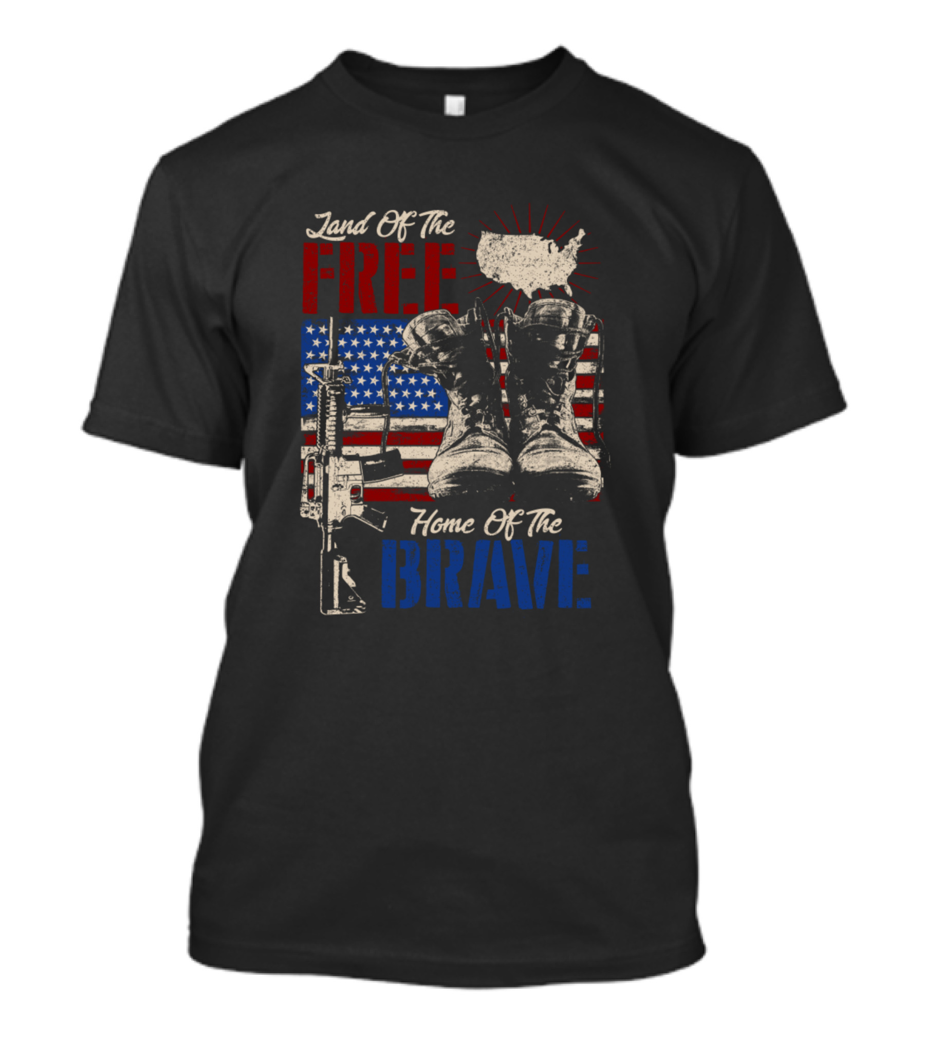 Land Of The Free Home Of The Brave USA Map Flag Boots Rifle T-Shirt