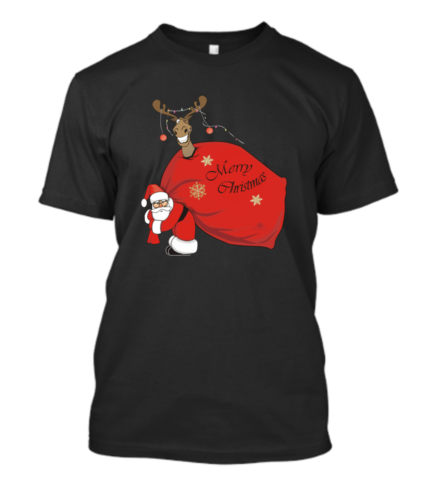 Santa Claus Carrying Red Sack With Merry Christmas And Reindeer T-Shirt