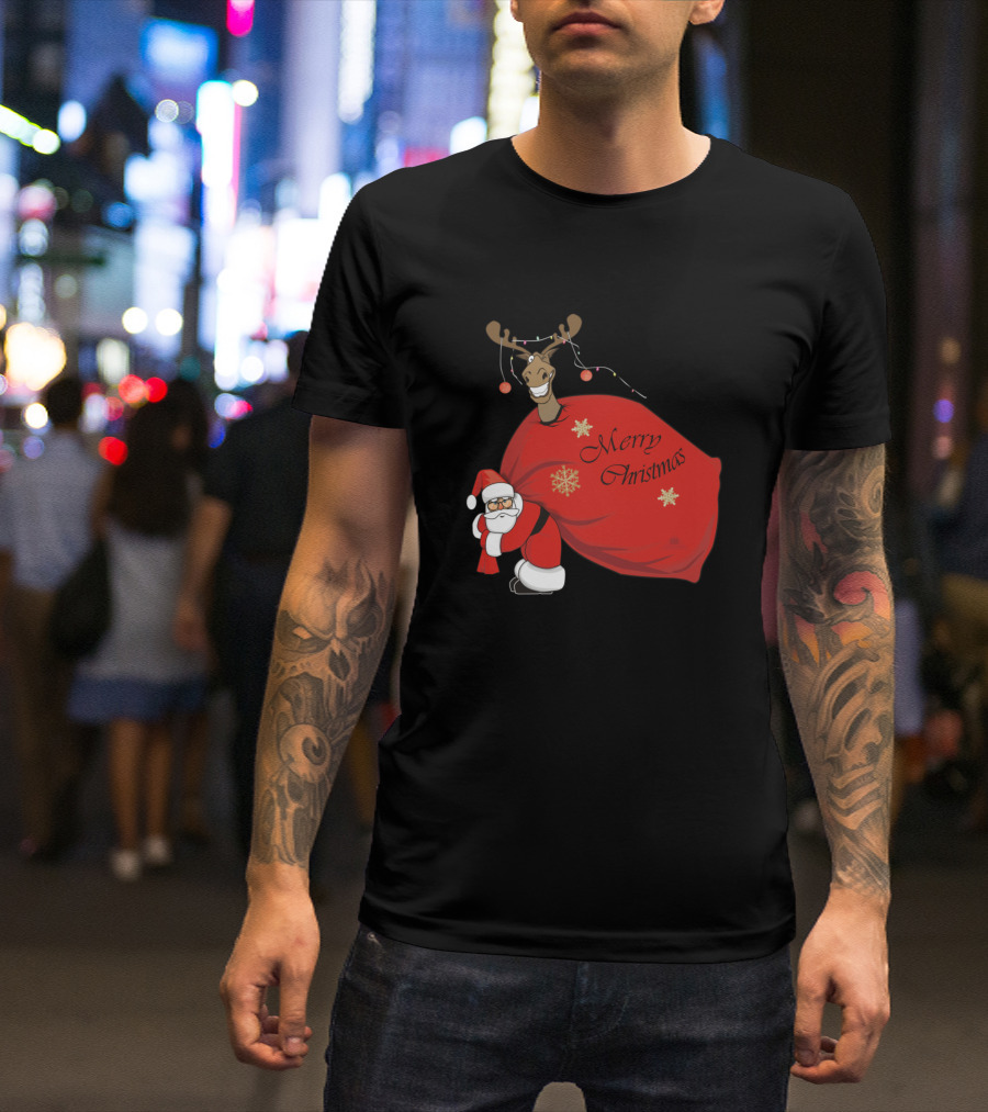 Santa Claus Carrying Red Sack With Merry Christmas And Reindeer T-Shirt
