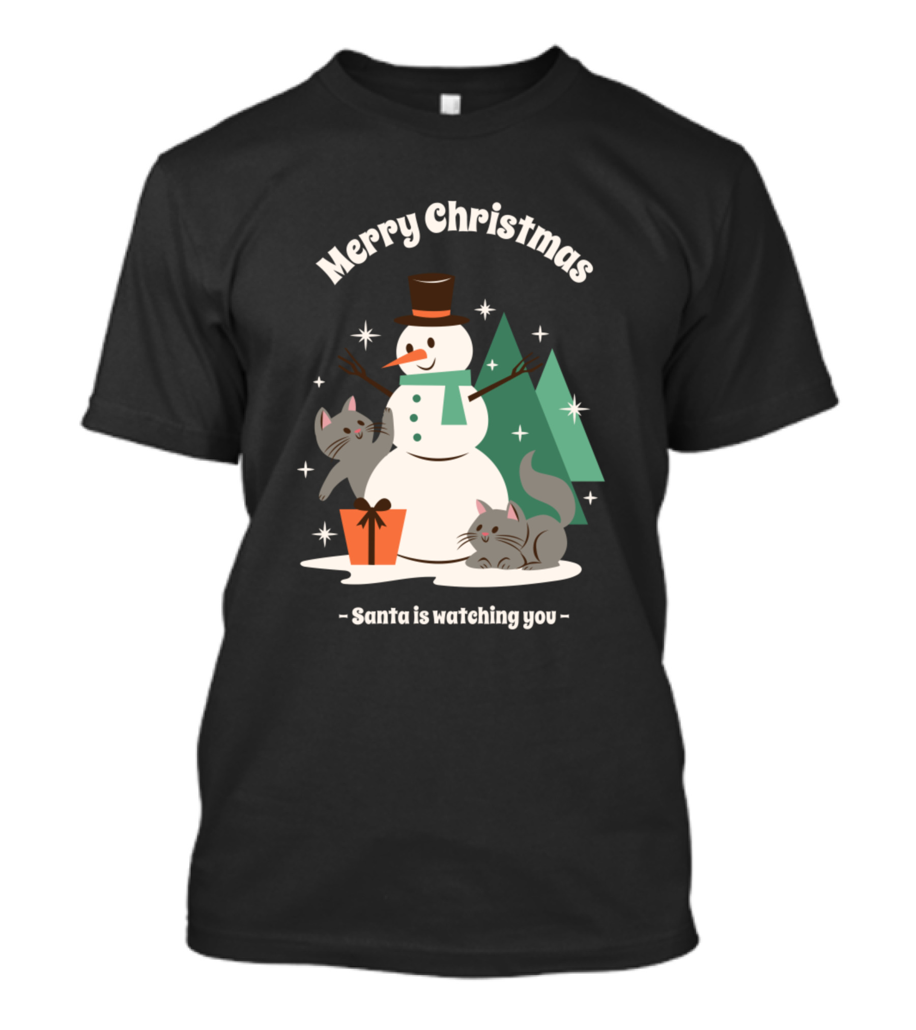 Merry Christmas Santa Is Watching You Cute Snowman Cats Festive Scene T-Shirt