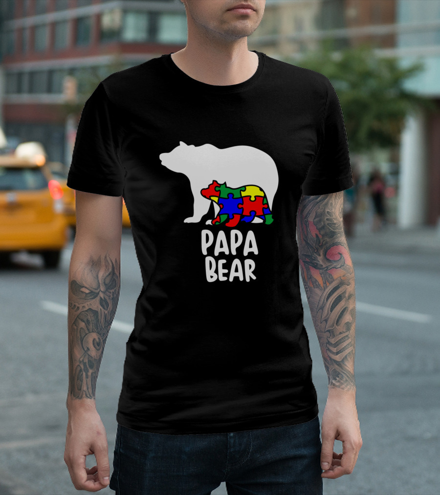 Papa Bear Autism Awareness Puzzle Pieces T-Shirt
