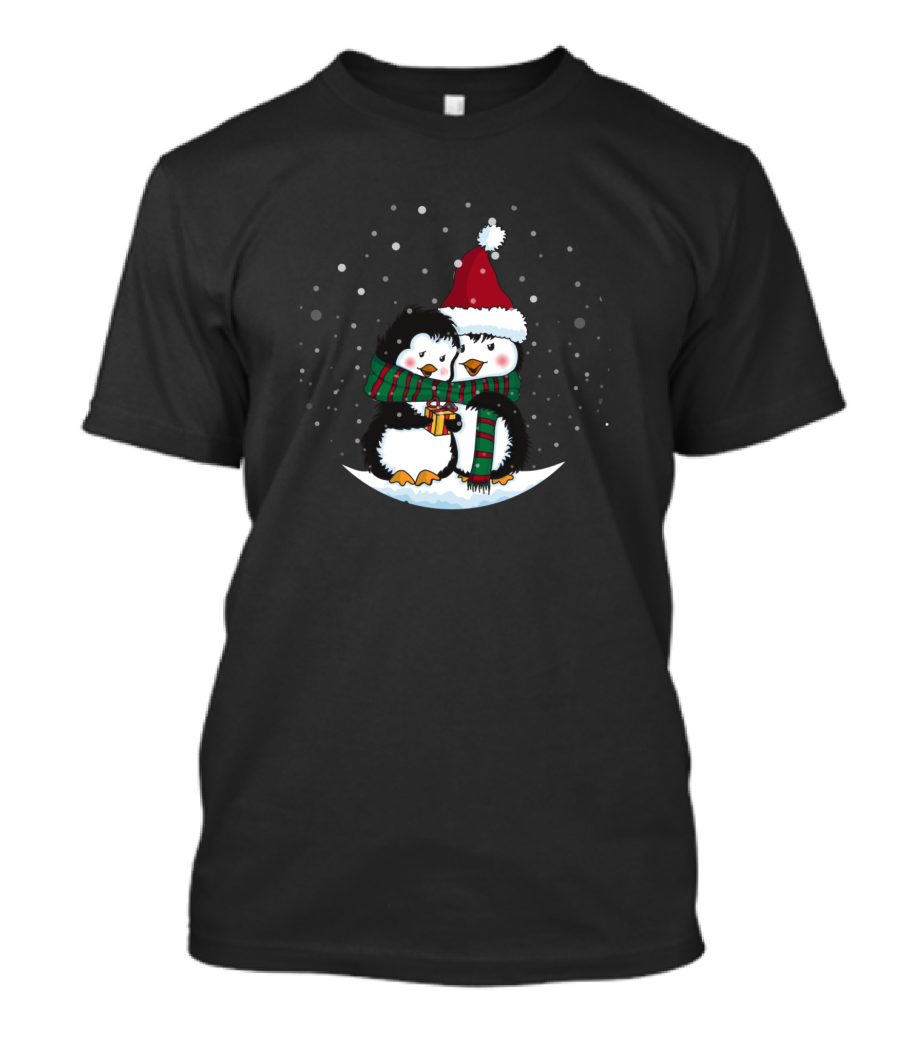 Pretty Penguin Couple In Santa Hat And Scarf Celebrating Snowy Winter Holiday T-Shirt