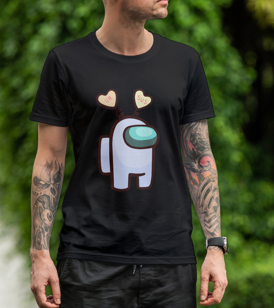 Among Us White Crewmate With UR SUS Valentine Candy Hearts Hat T-Shirt