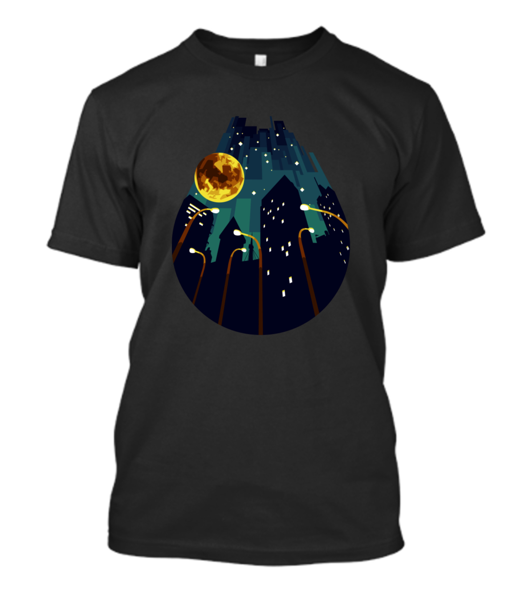 City Night Skyline Moon And Stars Urban Lights T-Shirt