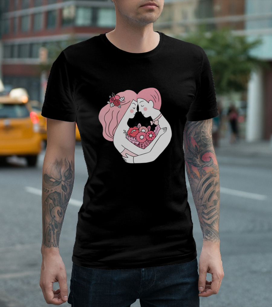 Cute Valentine Day Embrace with Floral Bouquet T-Shirt