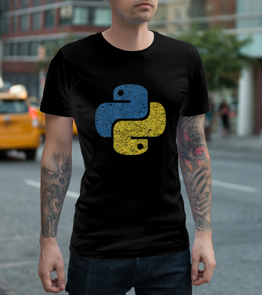 Distressed Python Logo Blue Yellow Design For Engineers T-Shirt