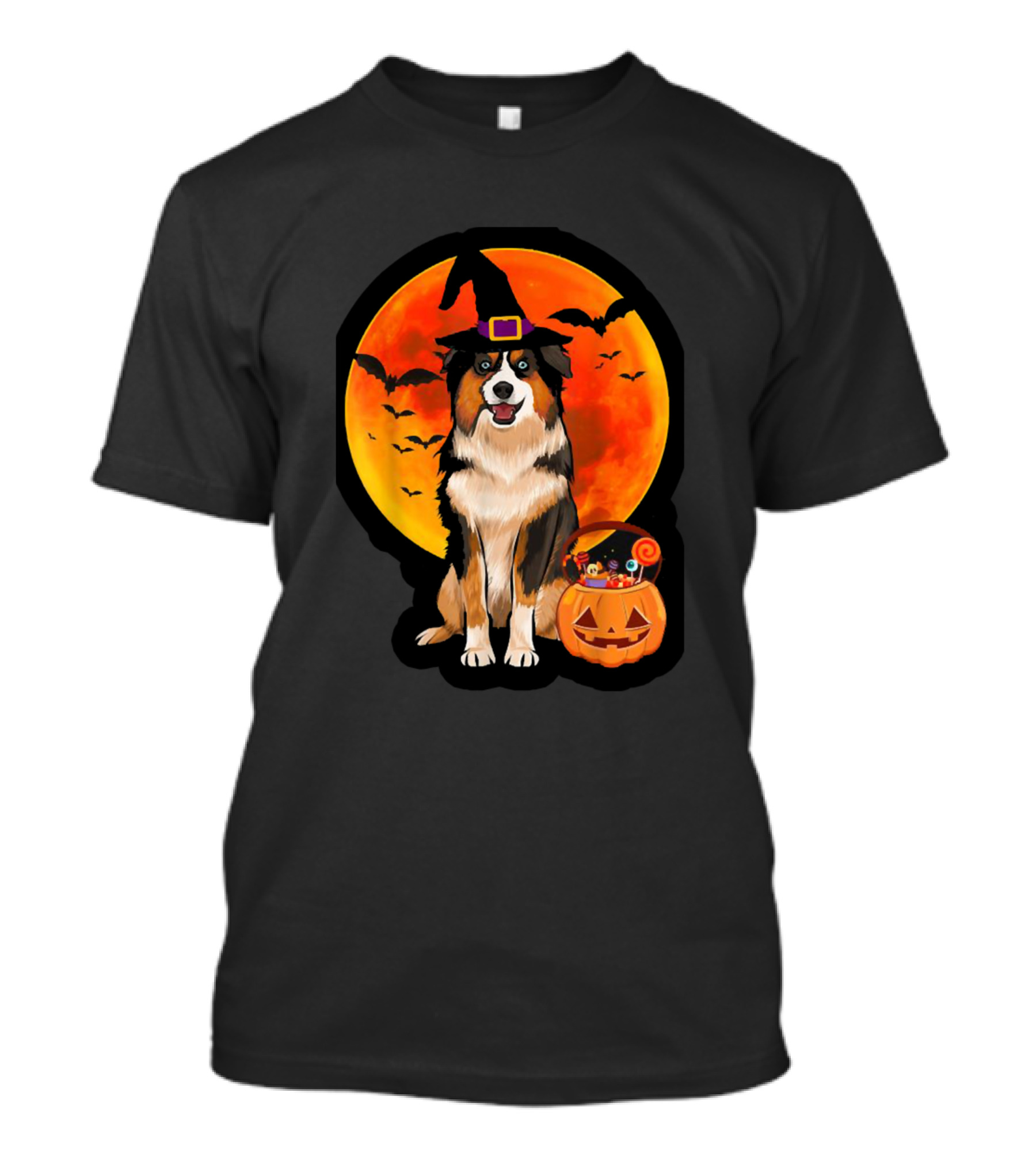 Miniature American Shepherd Halloween Dog With Witch Hat And Pumpkin Moon T-Shirt