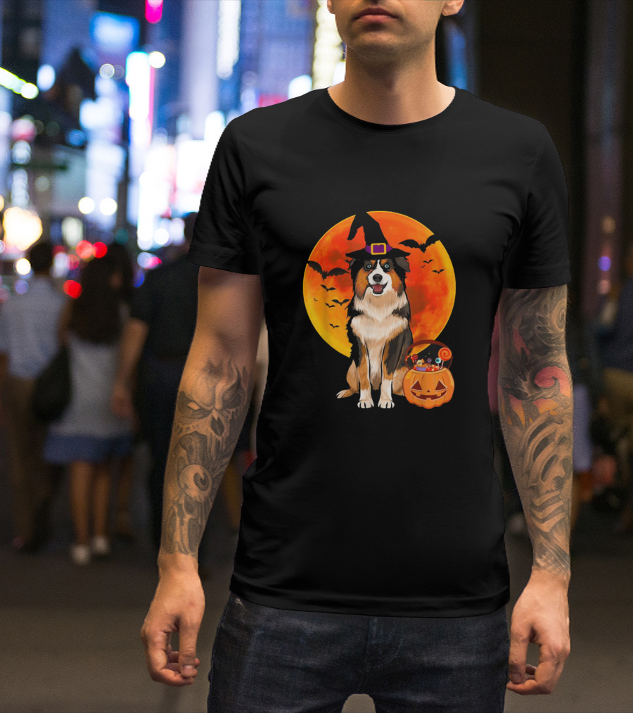 Miniature American Shepherd Halloween Dog With Witch Hat And Pumpkin Moon T-Shirt