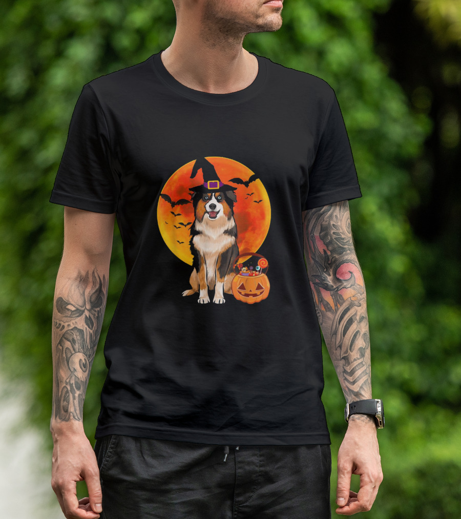 Miniature American Shepherd Halloween Dog With Witch Hat And Pumpkin Moon T-Shirt