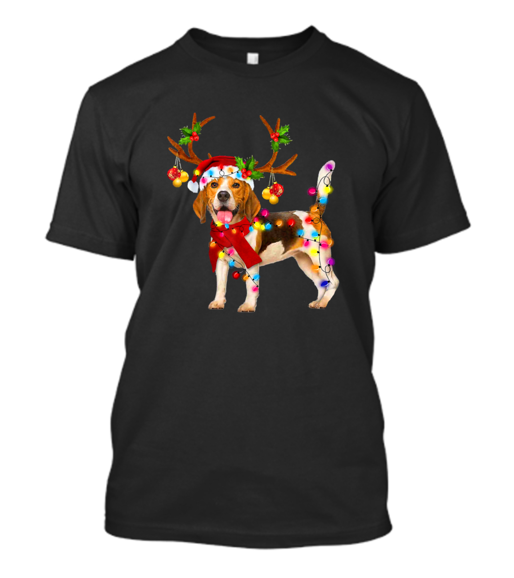 Festive Beagle Santa Hat Reindeer Antlers Lights Christmas Dog T-Shirt
