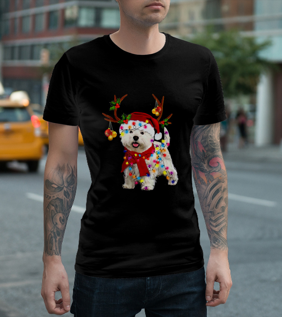 Westie Dog in Santa Hat with Reindeer Antlers and Festive Christmas Lights T-Shirt