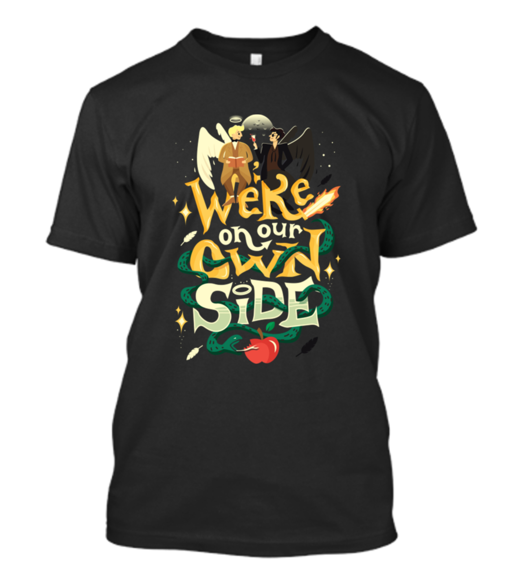We're On Our Own Side Good Omens Angels And Demons Apple And Serpent T-Shirt