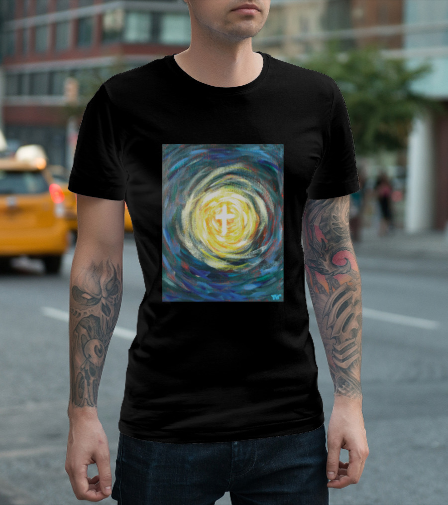 Powerful Christian Cross Radiant Peace on Earth Swirling Light T-Shirt