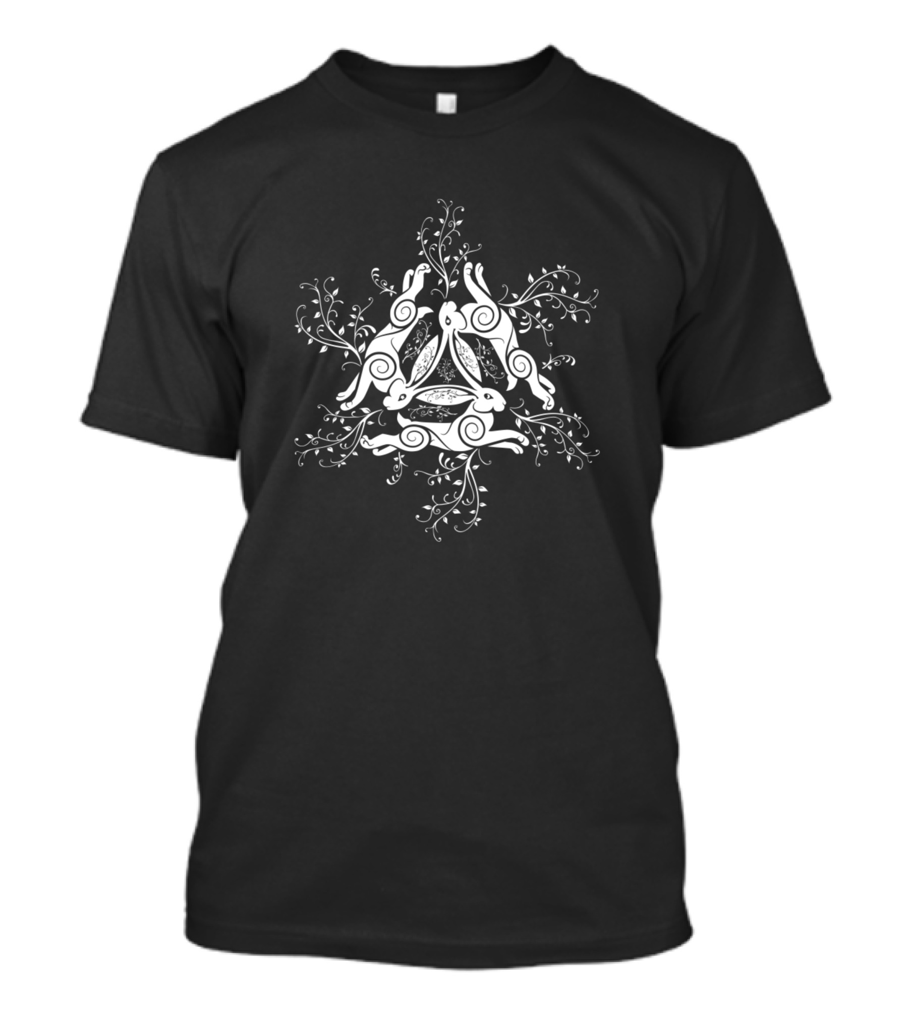 Three Hares Symbolic Pattern With Intricate Swirls And Floral Motif T-Shirt