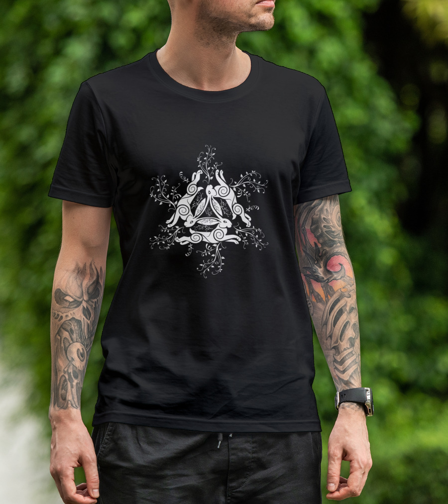 Three Hares Symbolic Pattern With Intricate Swirls And Floral Motif T-Shirt