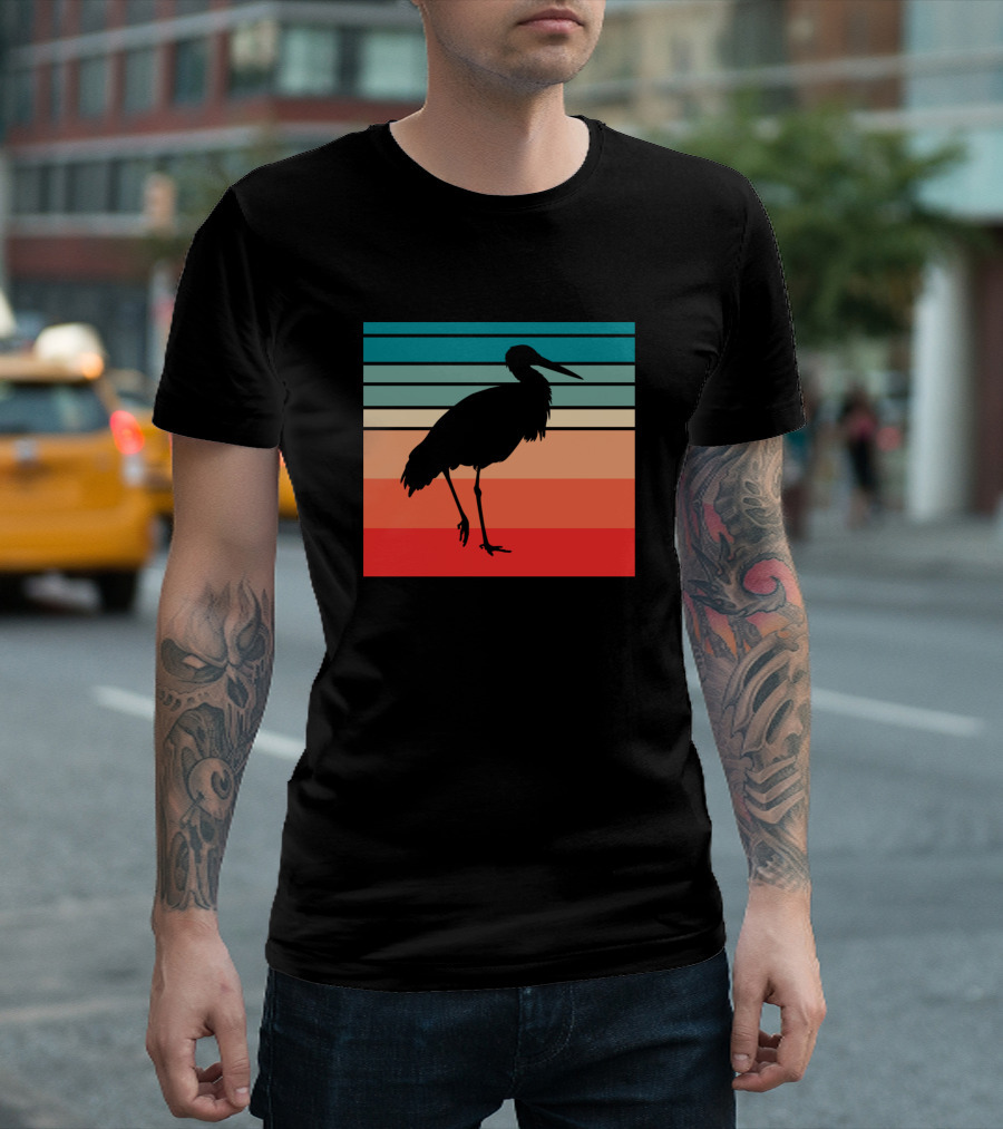 Retro Crane Bird Silhouette Sunset Stripes T-Shirt