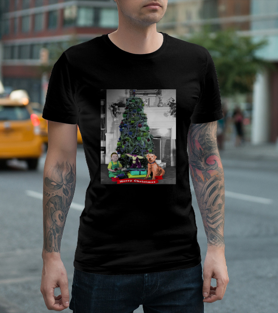 Merry Christmas Vintage Tree with Child and Dog in Front of Fireplace T-Shirt