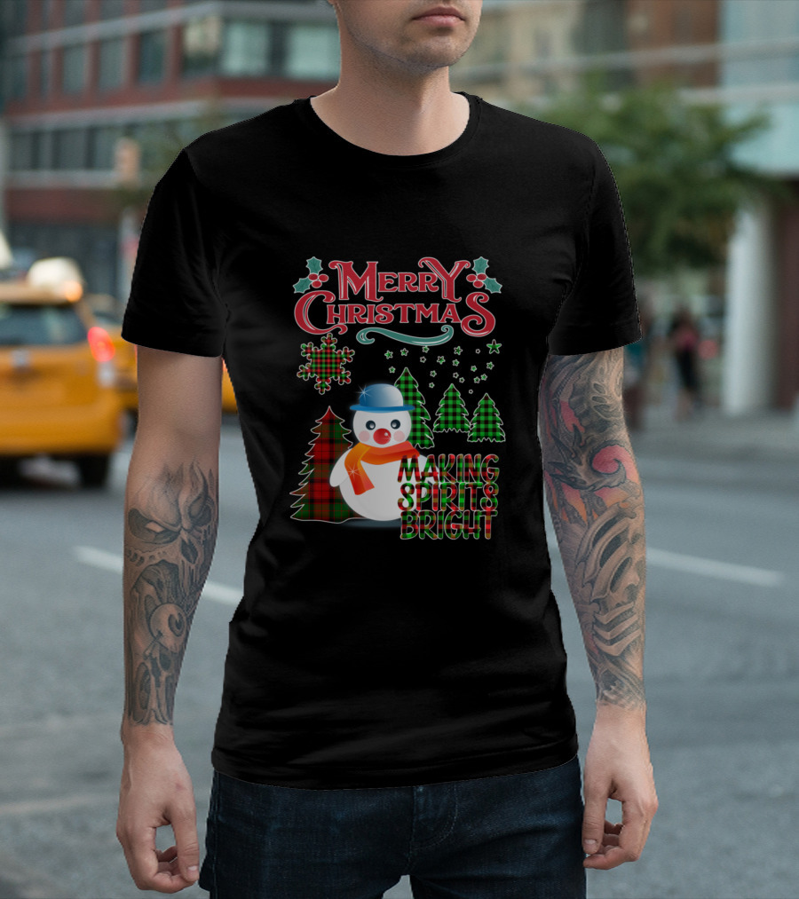 Merry Christmas Making Spirits Bright Buffalo Plaid Trees Snowman T-Shirt