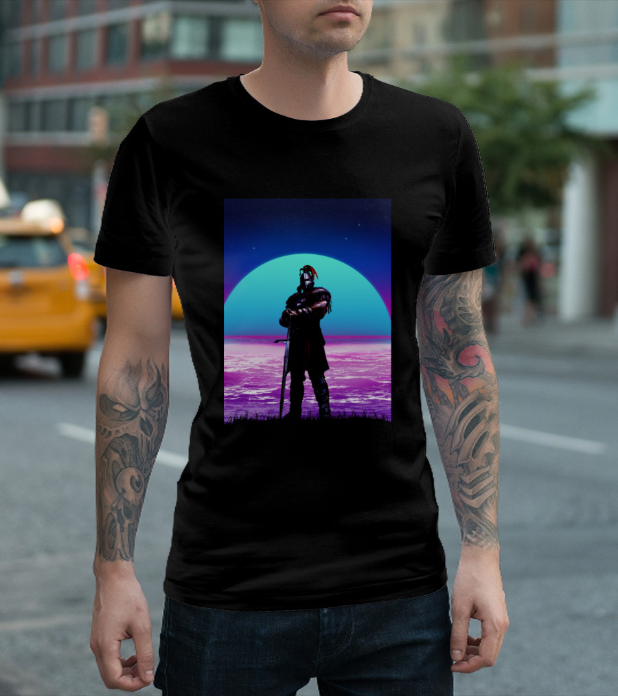 Retro 80s Sci-Fi Knight Silhouette Against Neon Sunset T-Shirt