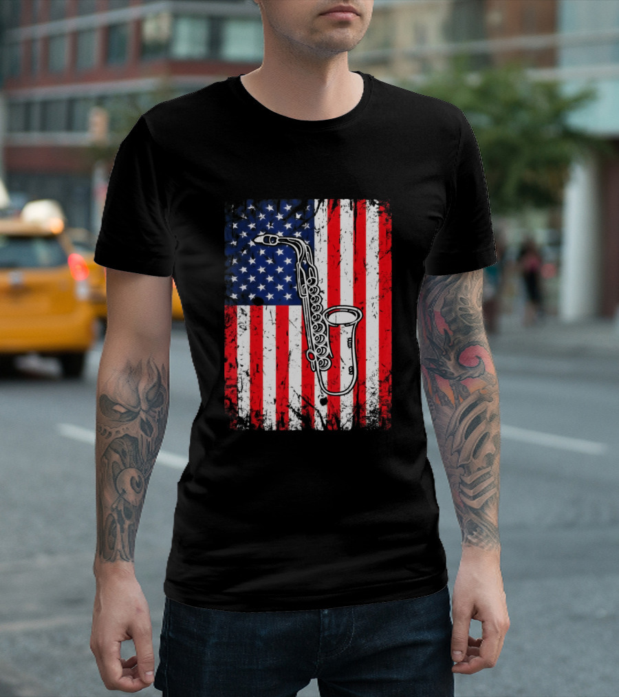 American Flag Saxophone 4th of July Patriotic USA Music T-Shirt