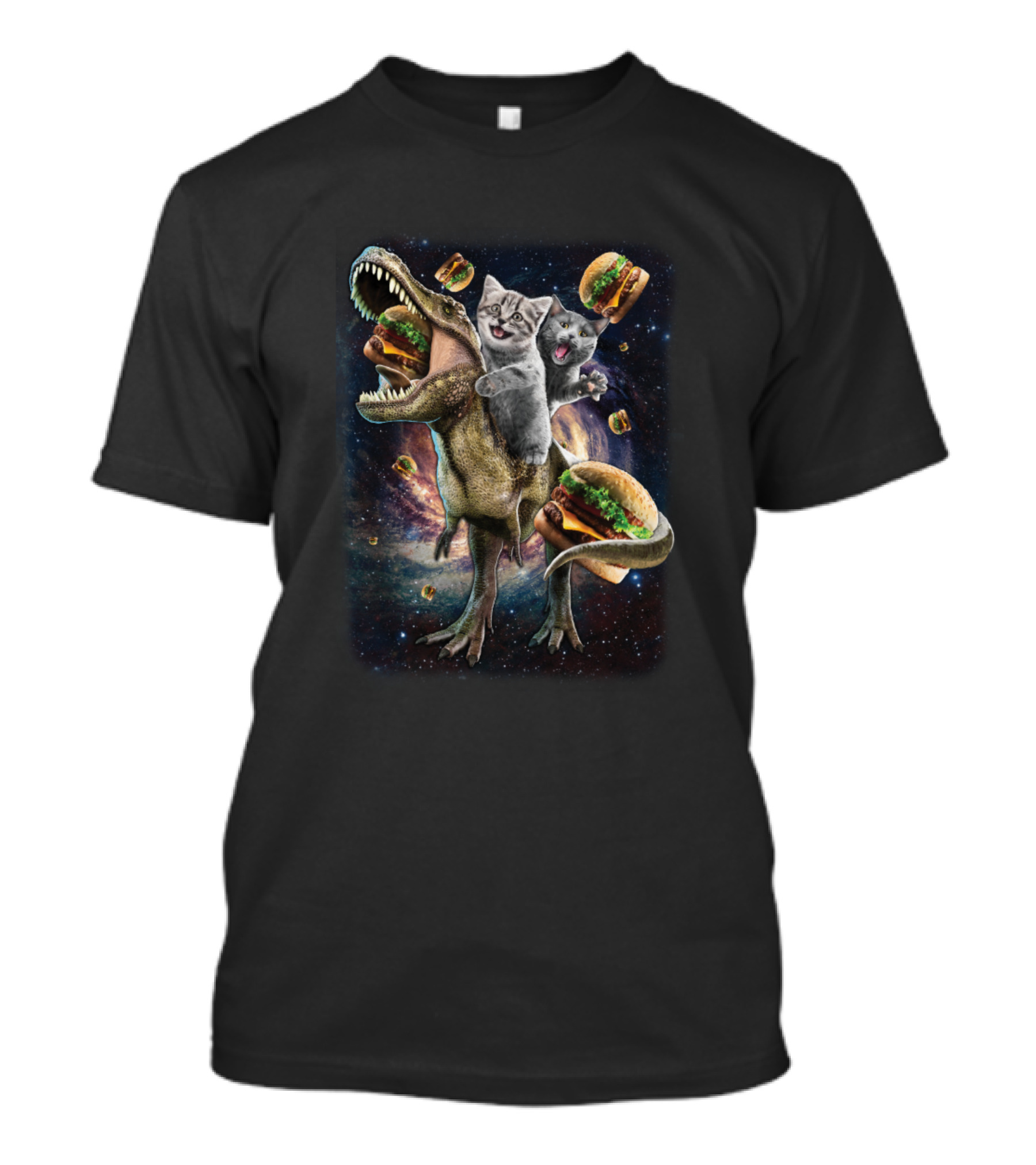 Humorous Cat Riding Dinosaur With Burgers In Space T-Shirt