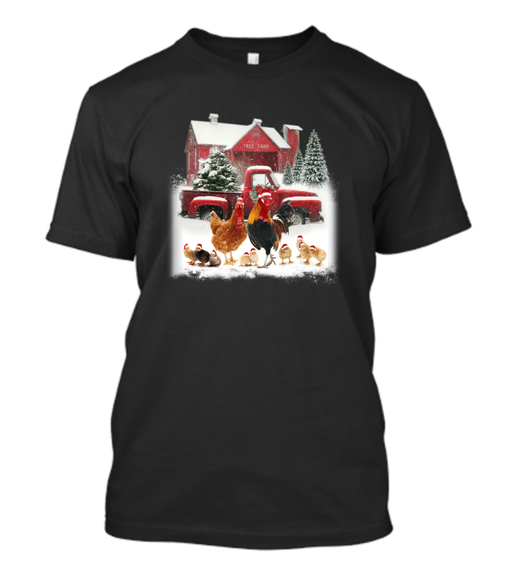 Red Truck Tree Farm Chickens In Santa Hats T-Shirt