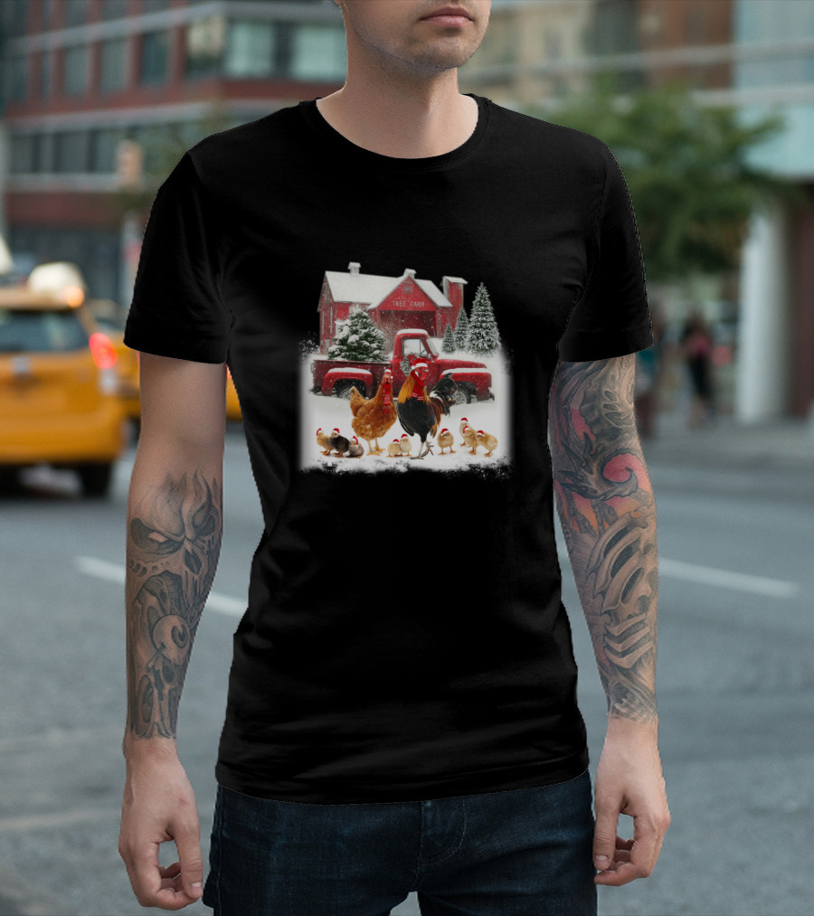 Red Truck Tree Farm Chickens In Santa Hats T-Shirt