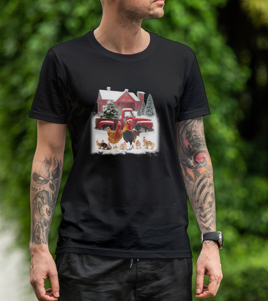 Red Truck Tree Farm Chickens In Santa Hats T-Shirt