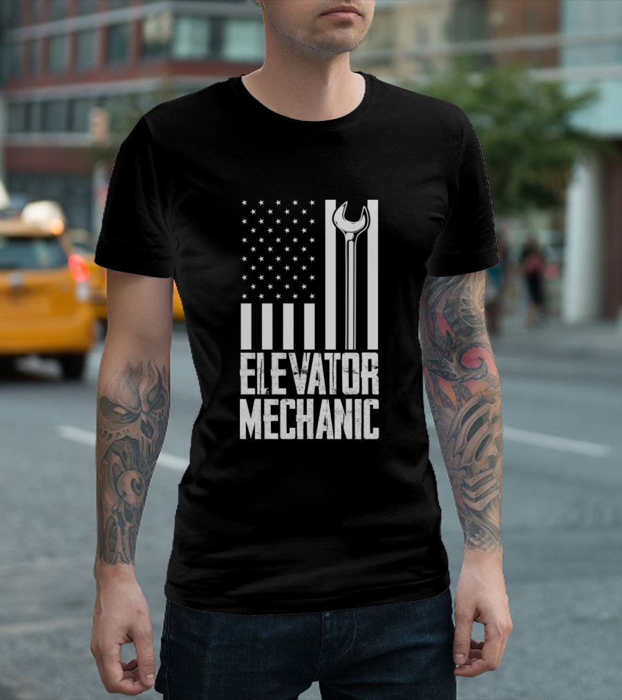 Elevator Mechanic USA Flag Wrench American Flag T-Shirt