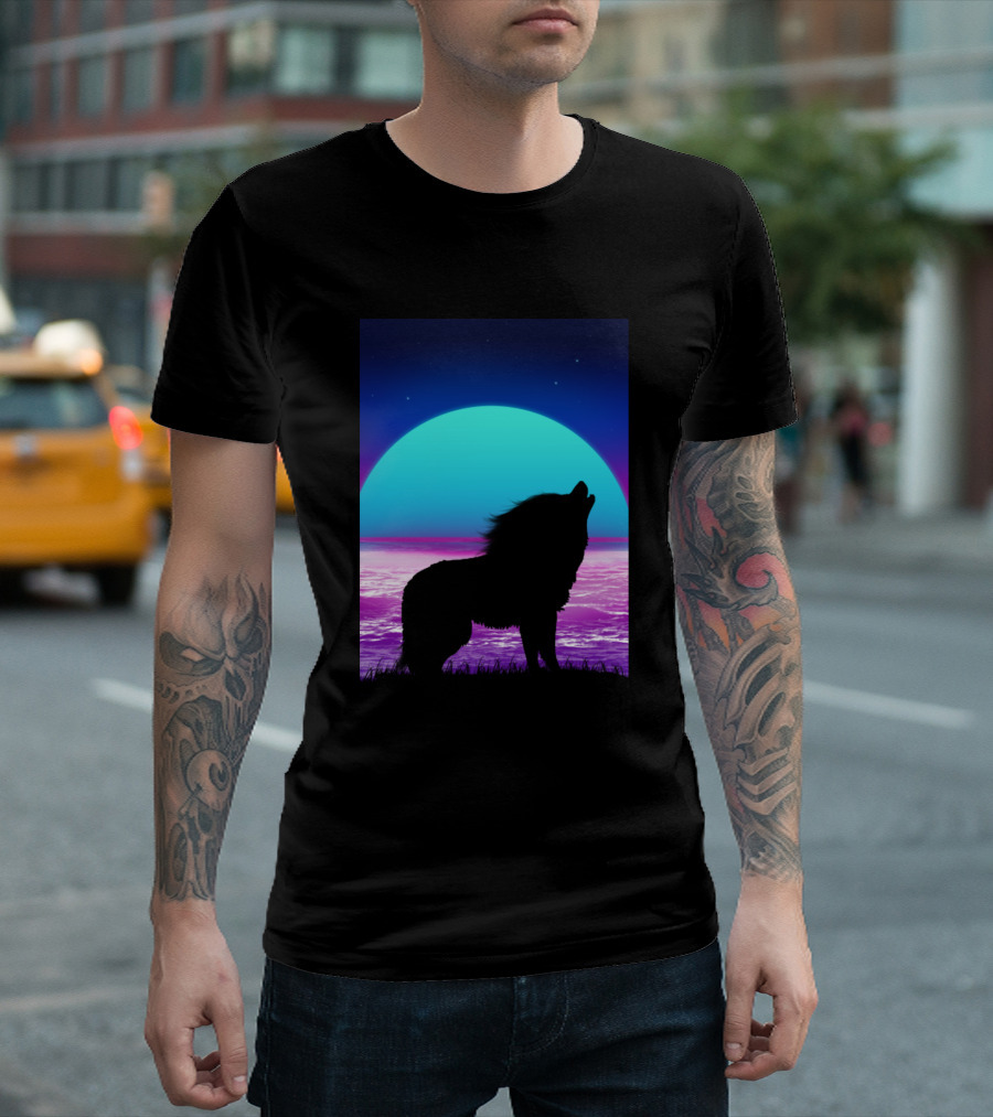Hairy Wolf Silhouette Against Neon Lunar Horizon T-Shirt
