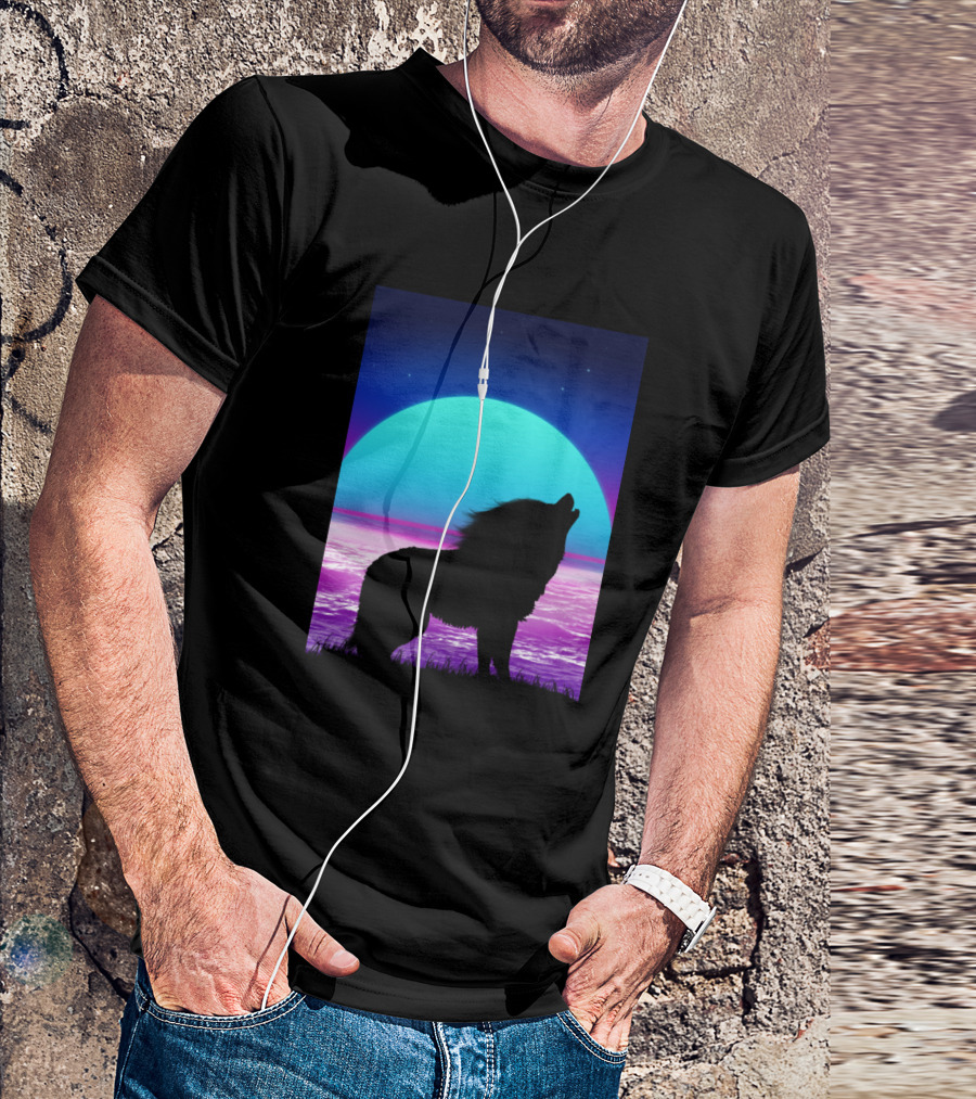 Hairy Wolf Silhouette Against Neon Lunar Horizon T-Shirt