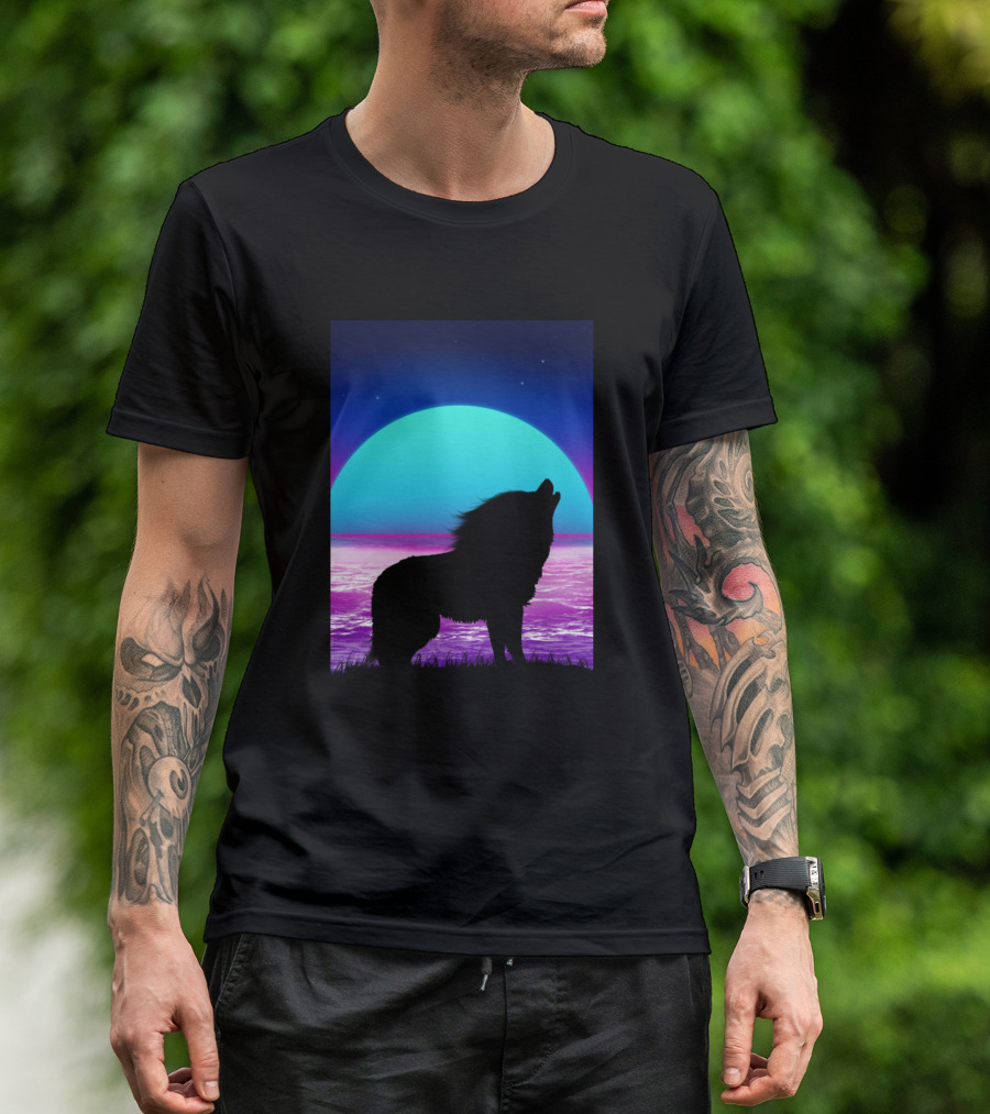 Hairy Wolf Silhouette Against Neon Lunar Horizon T-Shirt