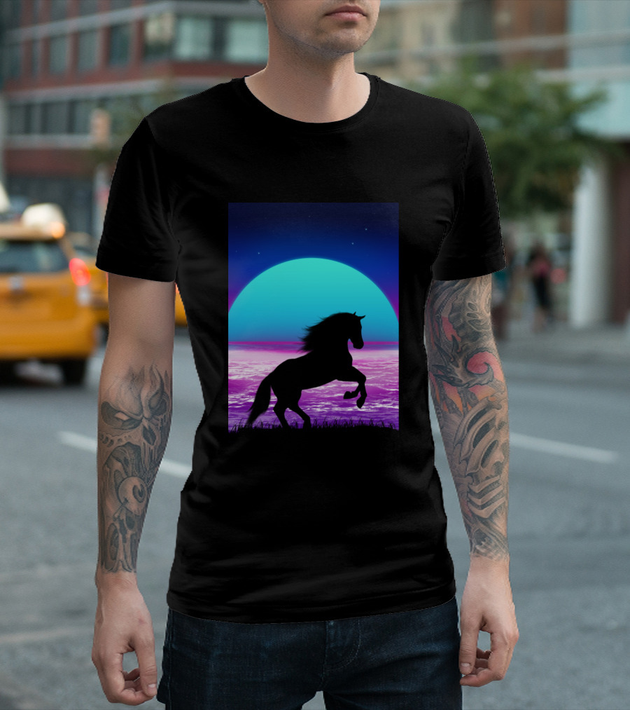 Horse Silhouette Neon Sunset 1980s T-Shirt