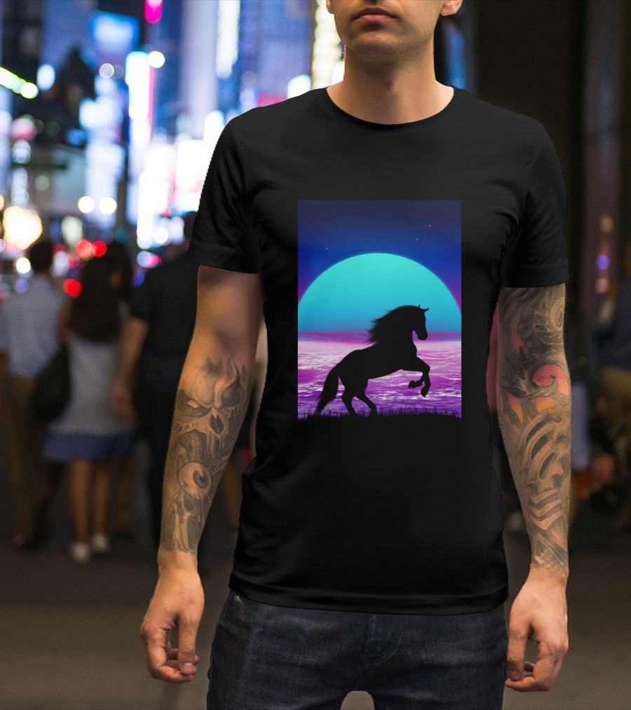 Horse Silhouette Neon Sunset 1980s T-Shirt
