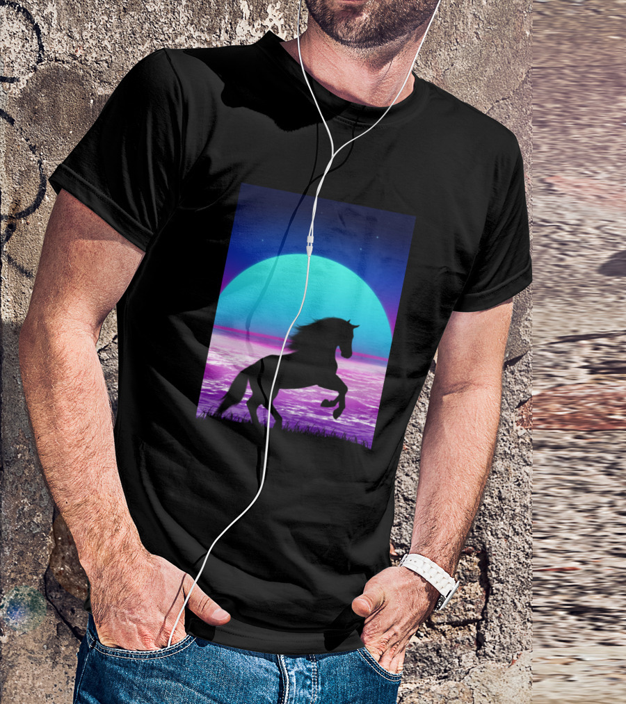 Horse Silhouette Neon Sunset 1980s T-Shirt