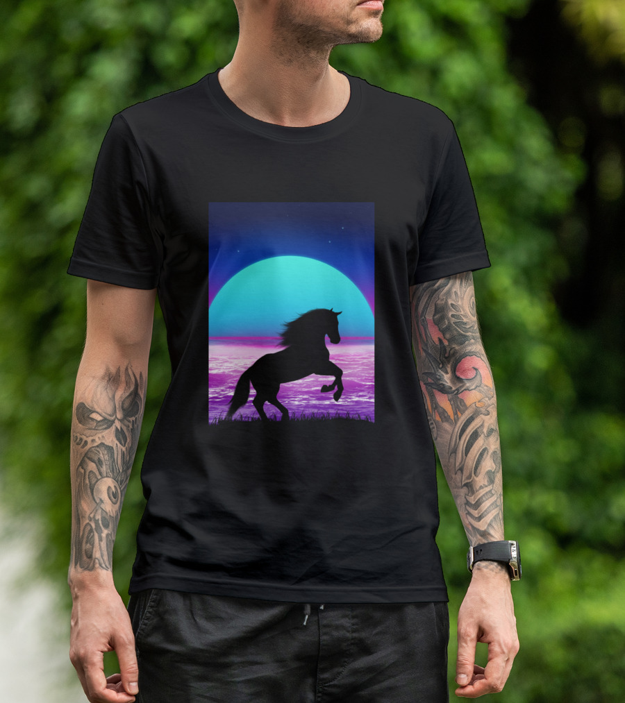 Horse Silhouette Neon Sunset 1980s T-Shirt
