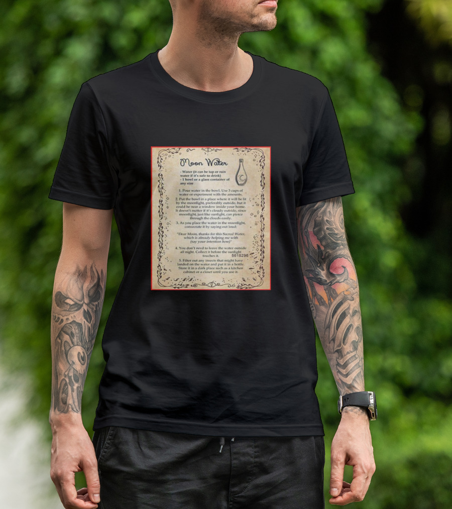 Moon Water Sacred Water Ritual Instructions Text Art Glass Container Moonlight Collect Filter T-Shirt