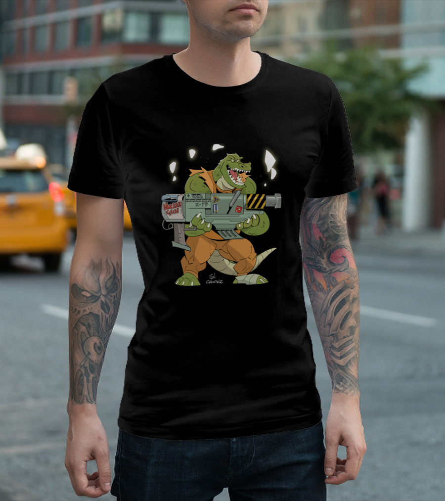 Nuclear Gun Crocodile With Oversized Futuristic Weapon In Combat Stance T-Shirt