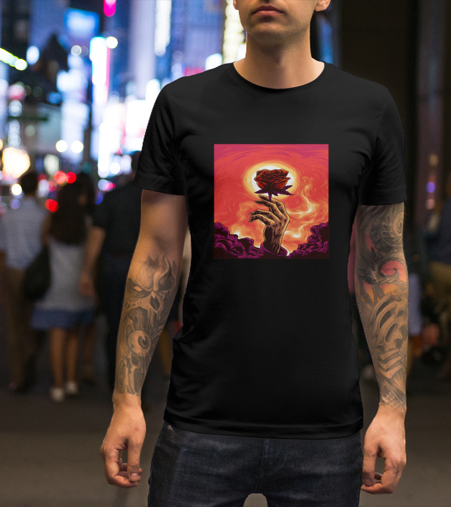 The Last Hope Rose In Hand Against Fiery Sky T-Shirt
