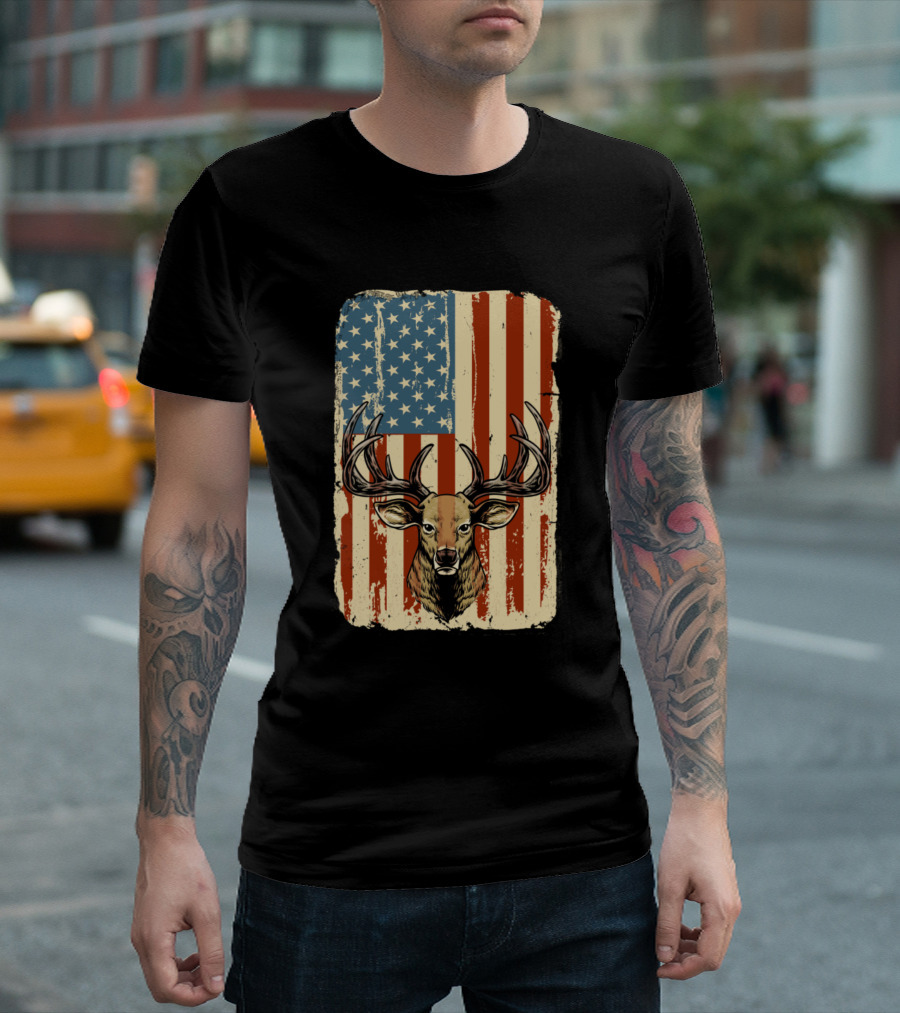 American Flag Deer Hunter Vintage Patriotic T-Shirt