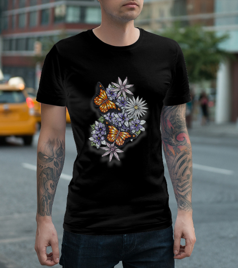 Butterflies and Daisies with Purple Blooms T-Shirt