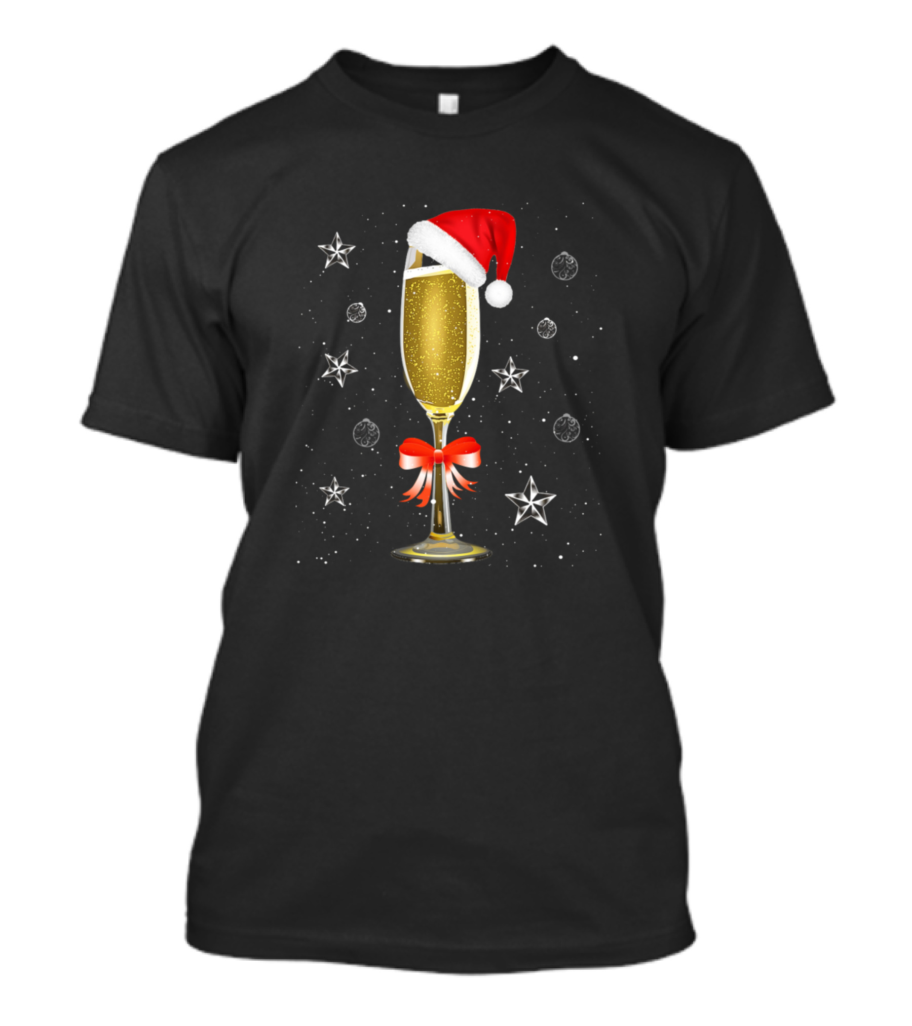 Christmas Santa Hat Champagne Glass With Holiday Stars And Bow Drink T-Shirt