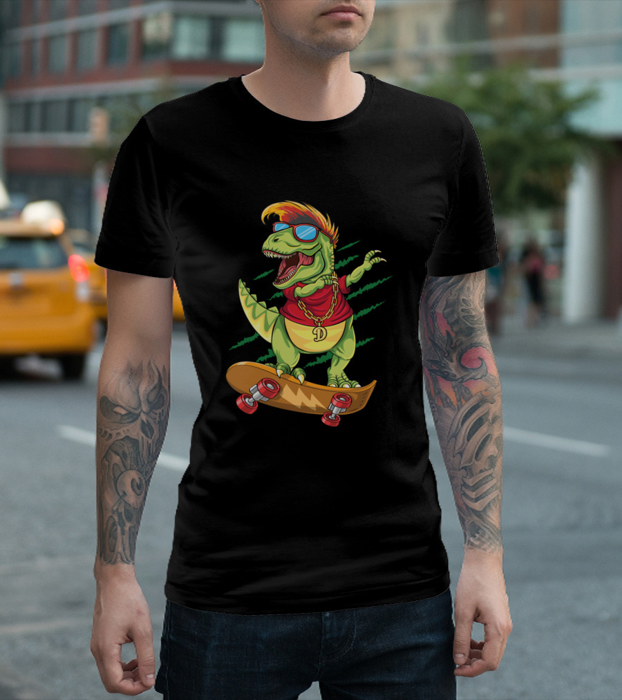 Dabbing Rex Cool Skateboarding Dinosaur Skater With Sunglasses And Chain T-Shirt